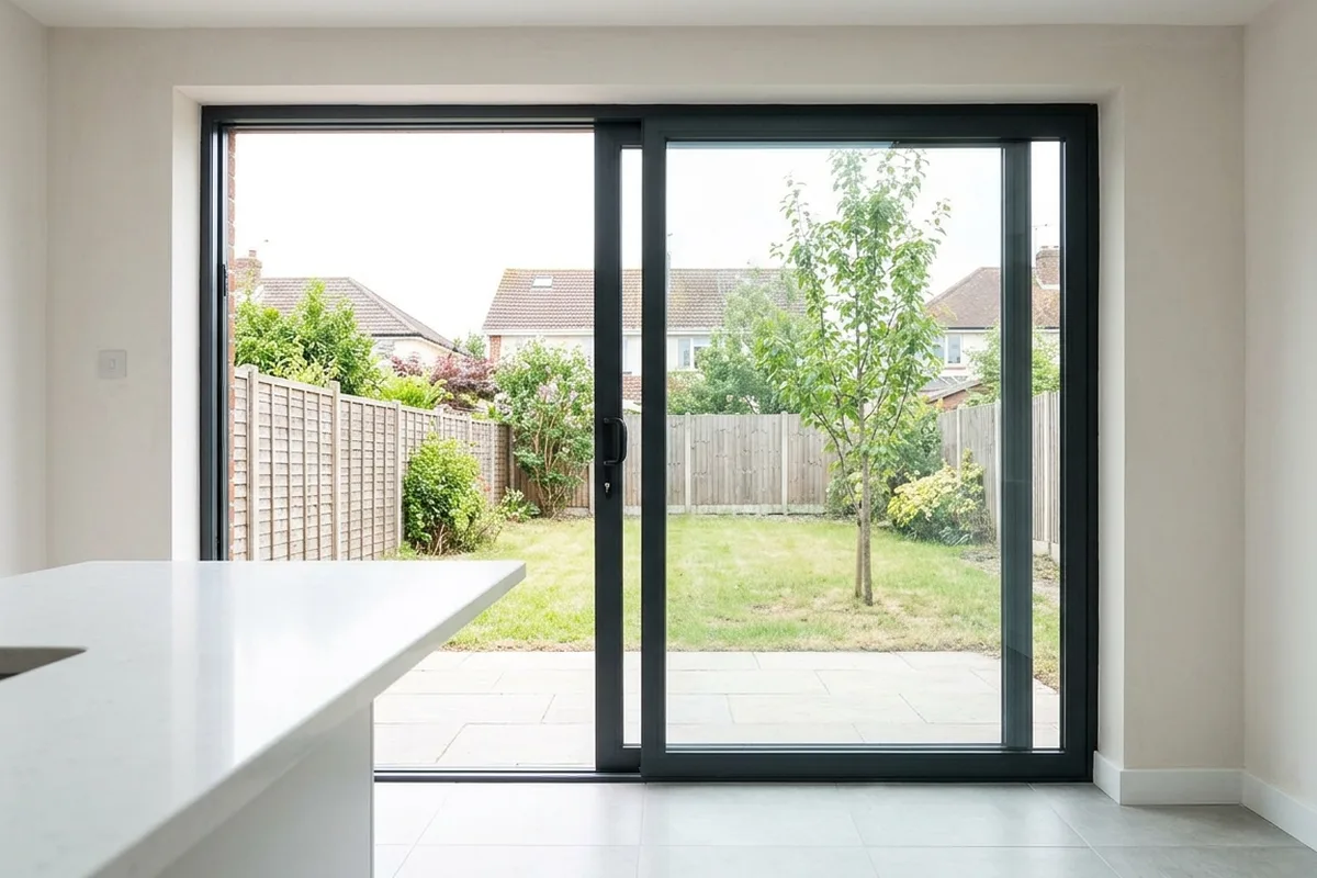 Inside a kitchen extension looking out through a two-pane anthracite aluminium sliding door to a garden