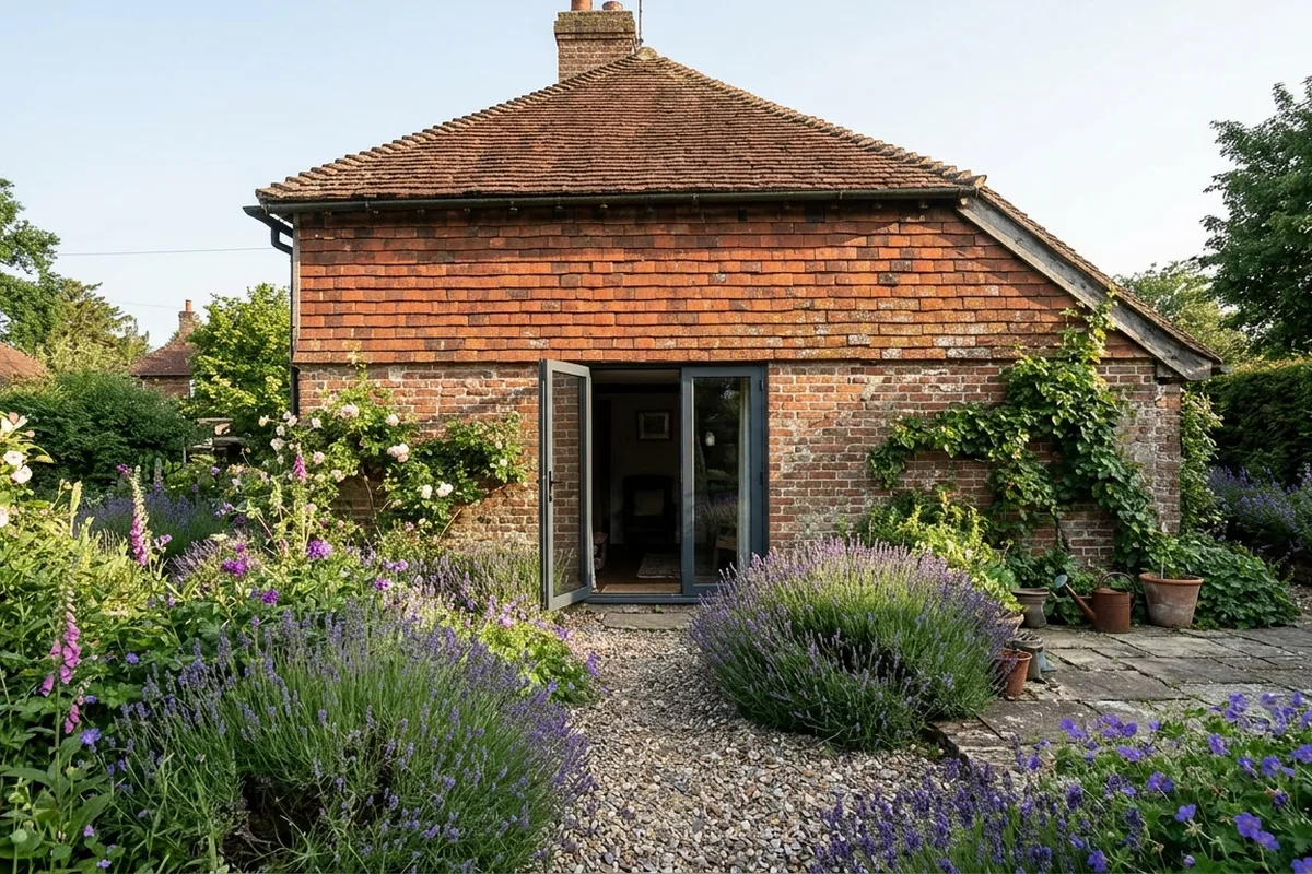 Dark grey aluminium French doors, one leaf open, at the back of a brick and tile-hung cottage, with a gravel path between lavender borders