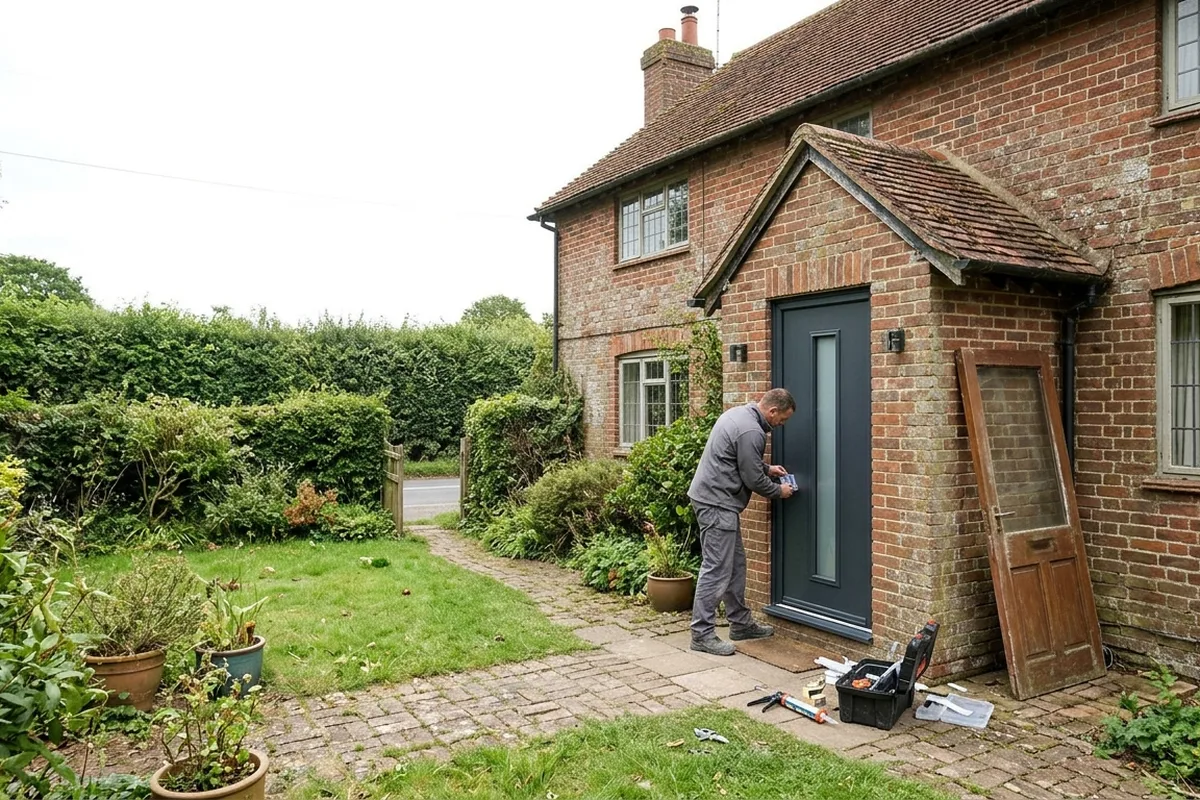 Installer in plain workwear fitting a grey aluminium front door in the brick porch of an older brick house, with the old timber door propped against the wall