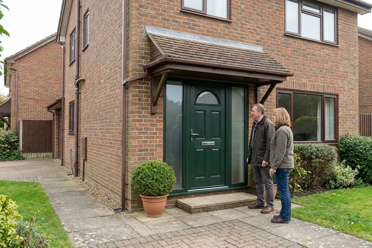 A couple looking at a new dark green composite front door with glazed side lights on both sides, under a tiled canopy on a brick detached house