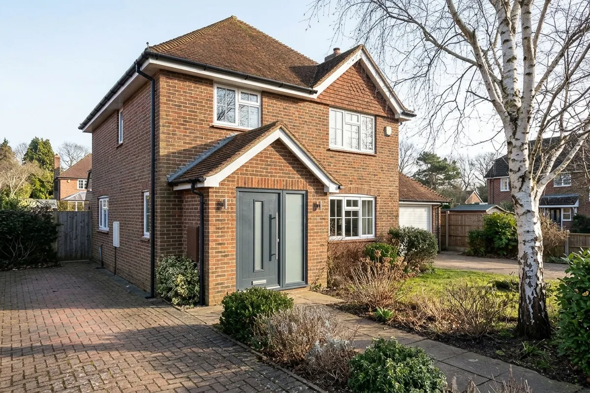 Grey composite front door with one glazed side light under a brick gabled porch on a brick detached house with a tile-hung gable
