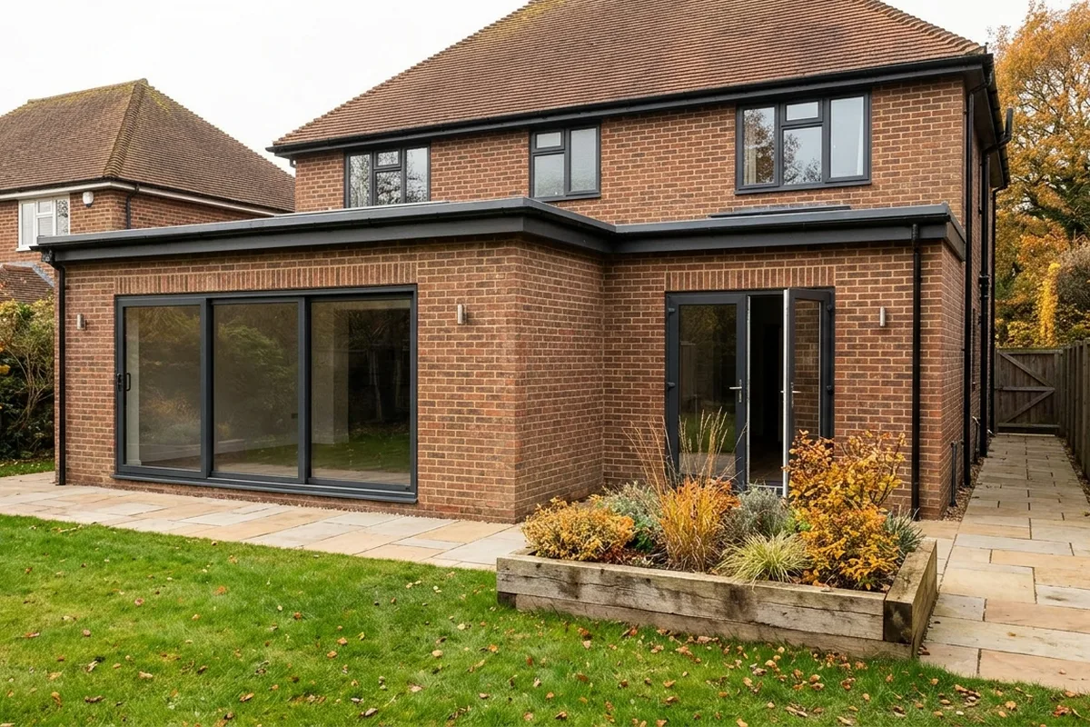 Three-pane anthracite aluminium sliding door and matching French doors, one leaf open, on an L-shaped brick extension at the back of a detached house