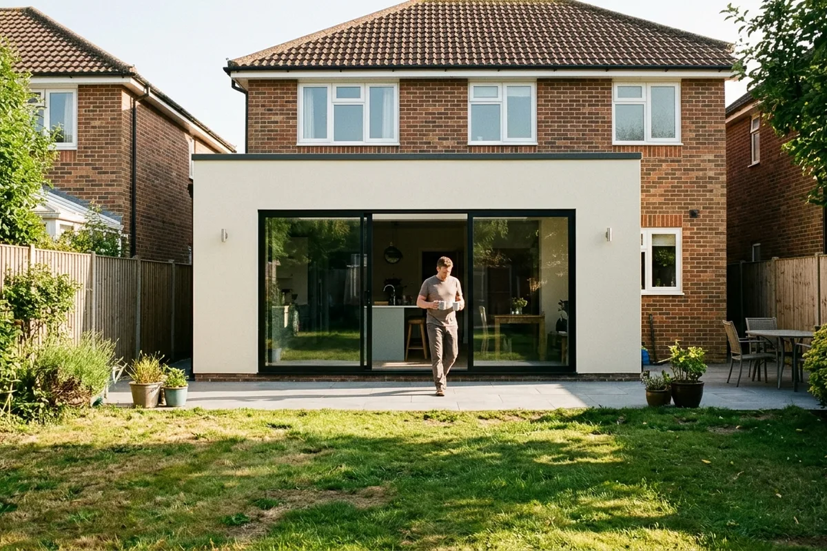 Three-pane black aluminium sliding door in a rendered single-storey extension on a brick detached house, with a man carrying two mugs out to the patio