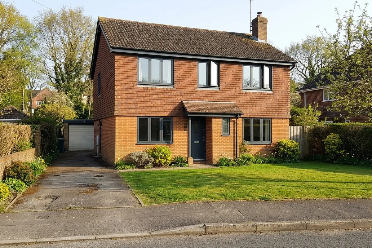 Slimline dark grey aluminium casement windows and a dark front door on a brick and tile-hung detached house behind a front lawn