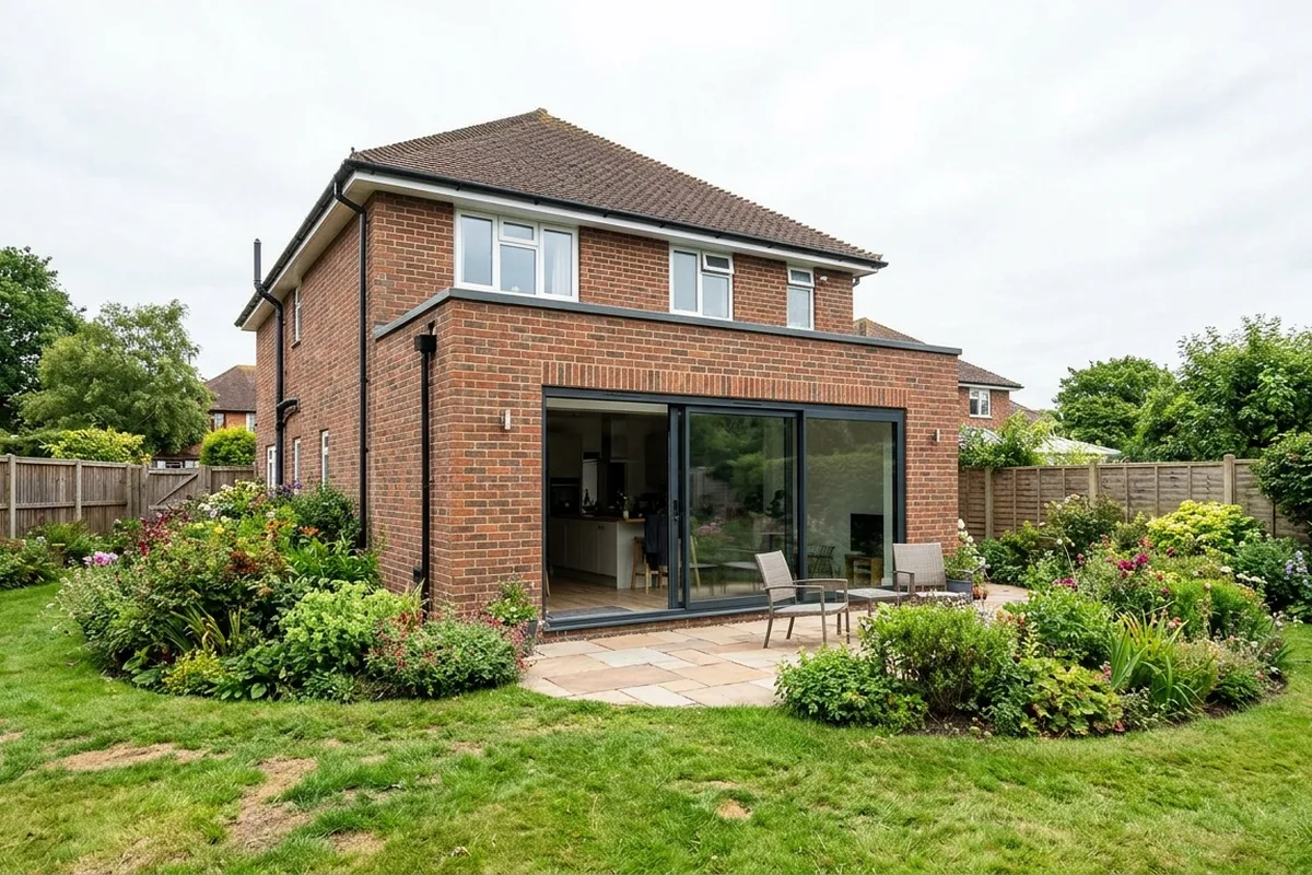 Three-pane anthracite aluminium sliding door, one panel open, across a single-storey brick rear extension on a detached house, with two chairs on the patio and planted borders