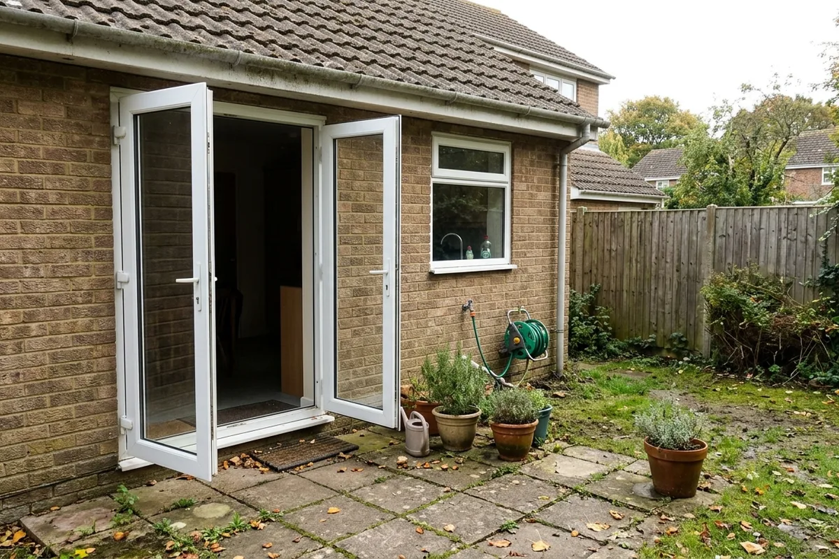 White uPVC French doors, both open, and a white kitchen window at the back of a brick house, onto a small paved patio with potted herbs
